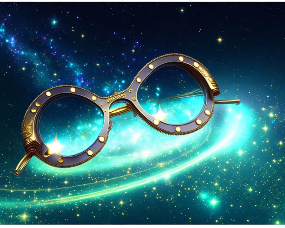 Steampunk-style glasses in space with stars and nebulae, glowing orbits