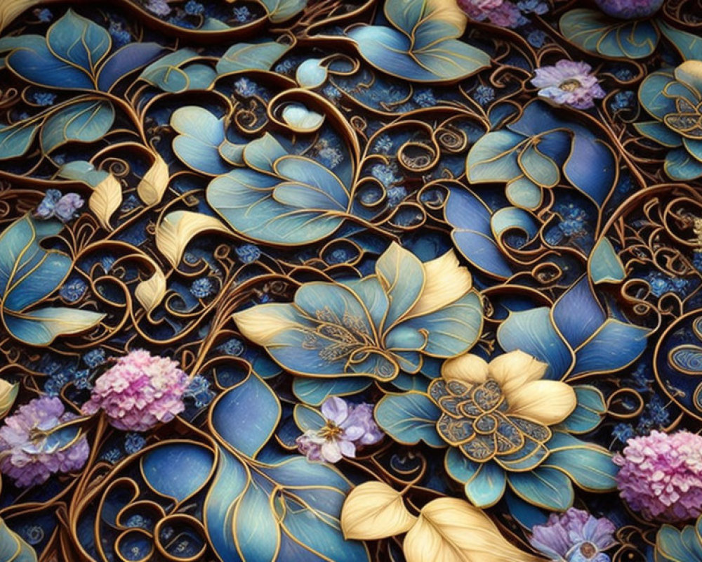 Blue and Gold Floral Pattern on Dark Background