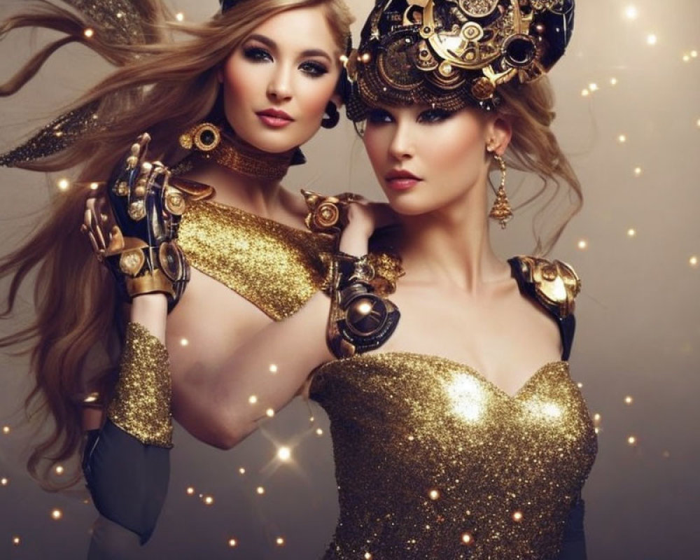 Luxurious golden steampunk attire on two women with intricate headgear against twinkling lights