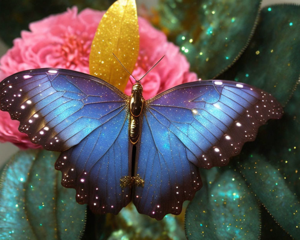 Colorful Butterfly Resting on Green Leaves with Pink Flower and Gold Leaf