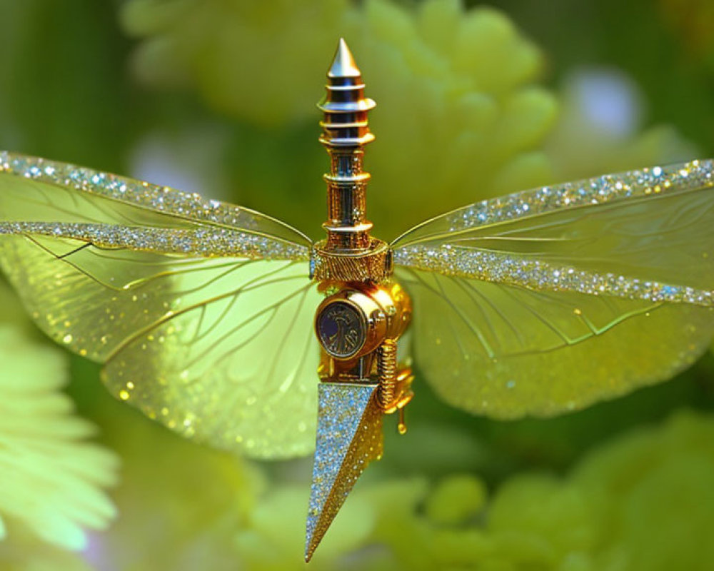 Intricate metallic dragonfly sculpture with glittery wings on green foliage.