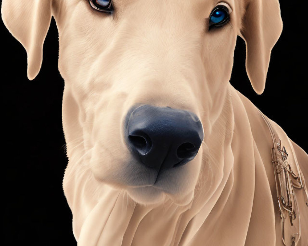 Yellow Labrador with Blue Eyes in Leather Harness