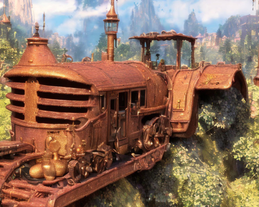 Rusted steam train in ivy-covered forest with ancient ruins