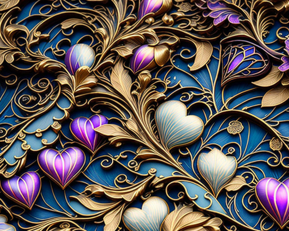 Golden Floral Heart Patterns on Deep Blue Textured Background