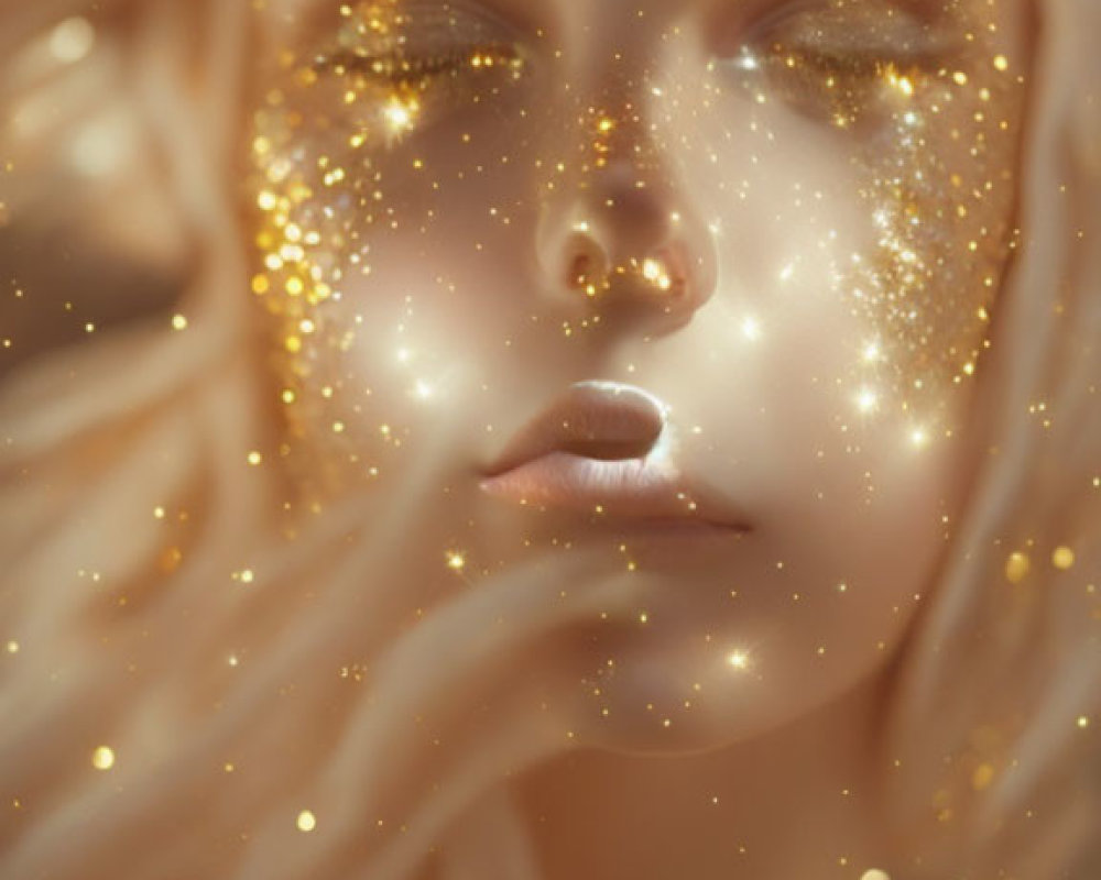 Person with Golden Glitter Markings and Flowing Light Hair