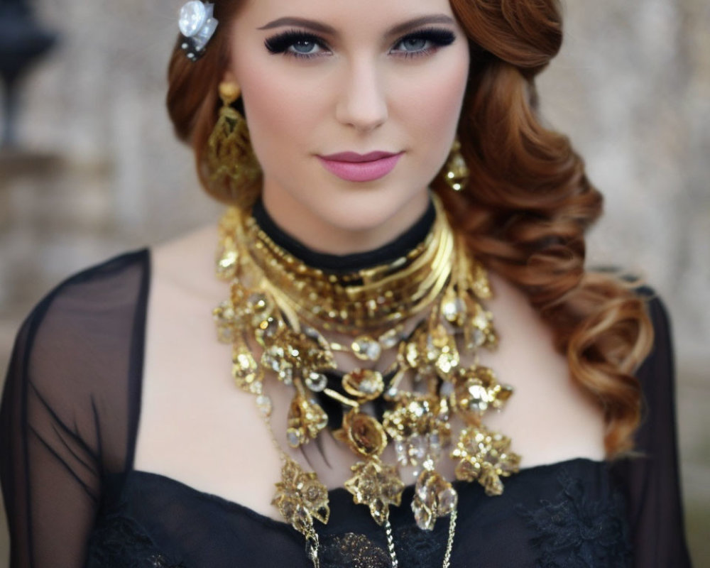Woman with stylized makeup and curly hair wearing black outfit with gold necklace