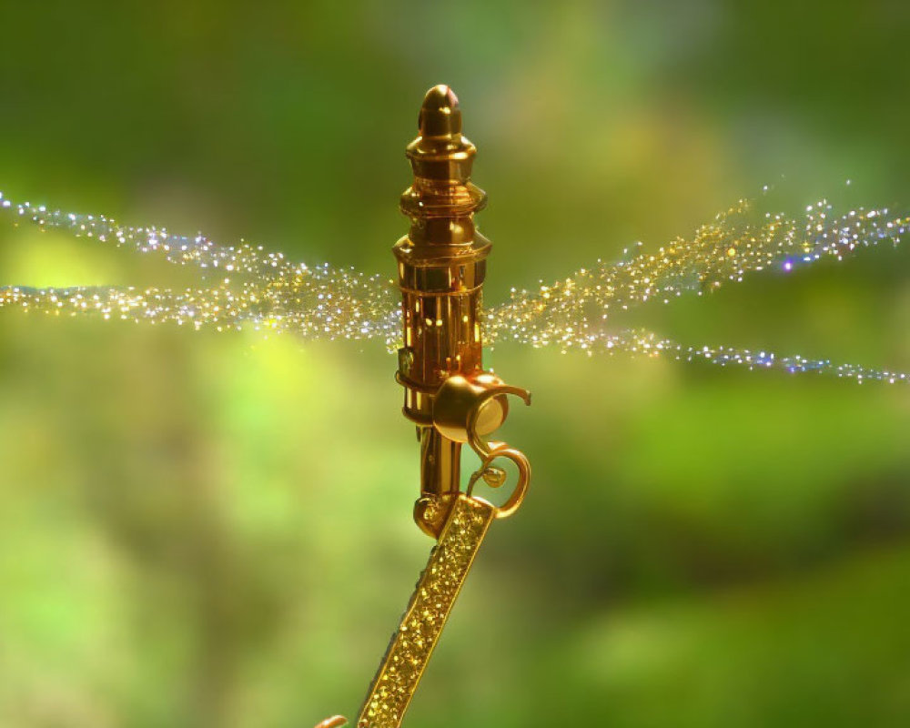 Golden ornate wand with sparkling trail on green background