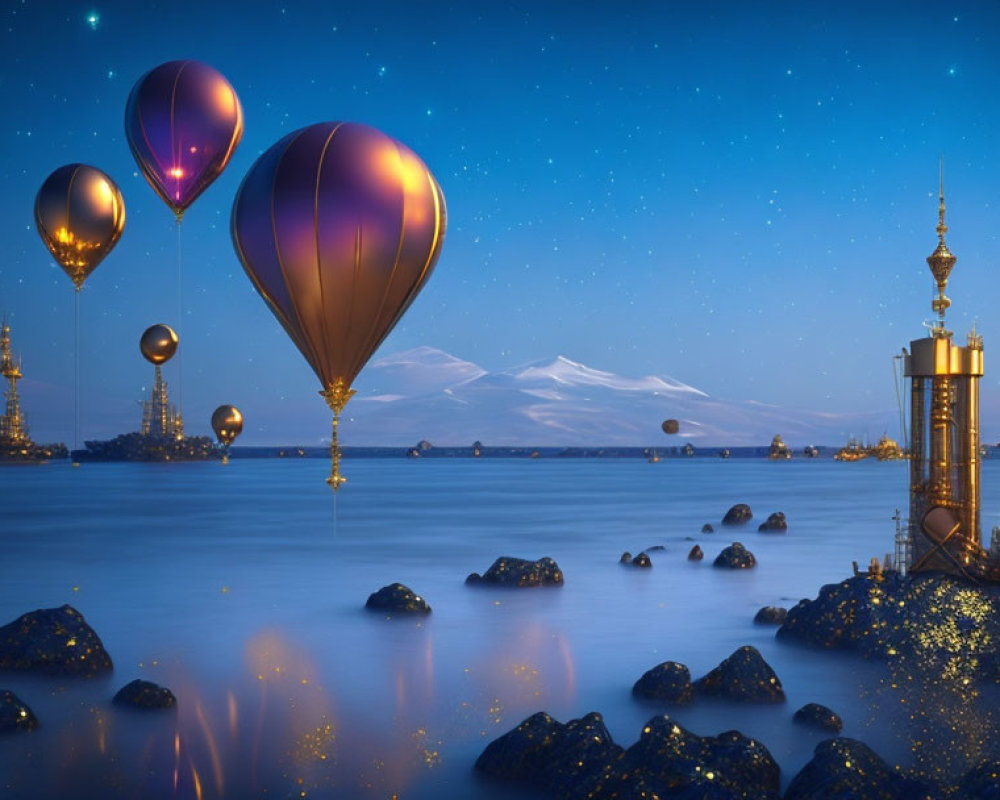 Tranquil Nightscape: Hot Air Balloons, Sea, Tower, Stars