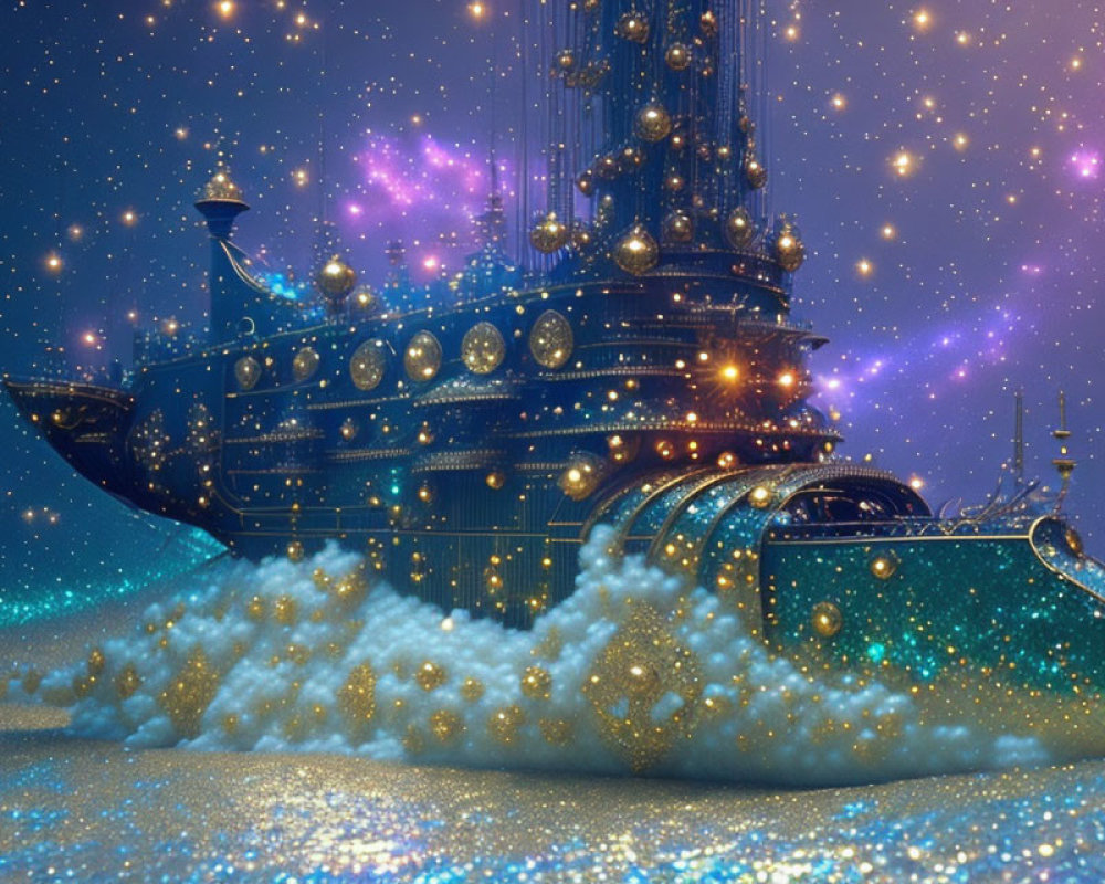 Glowing lights on fantastical ship above cloud-like surface