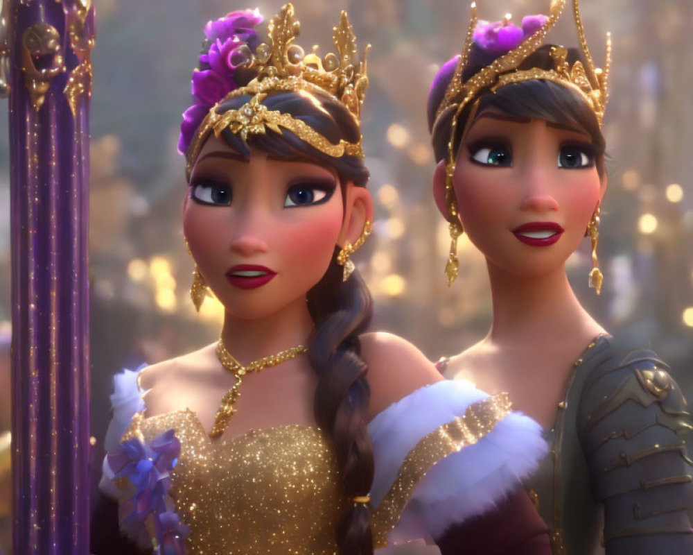 Animated princess characters with tiaras in gold dress and armor against bokeh lights.