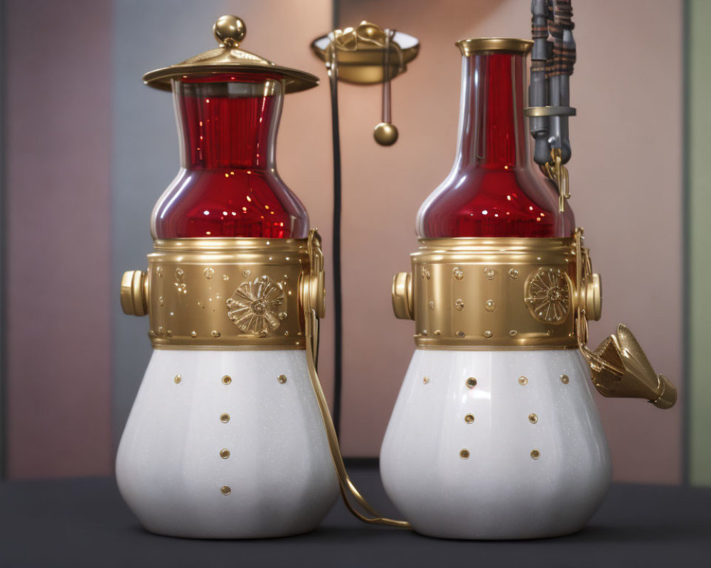 Vintage-style Coffee Grinders with Red and Gold Embellishments on Multicolored Background