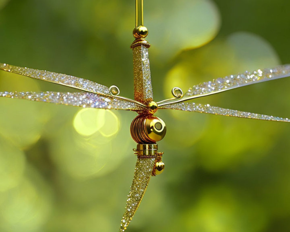 Translucent wings dragonfly ornament on green bokeh background