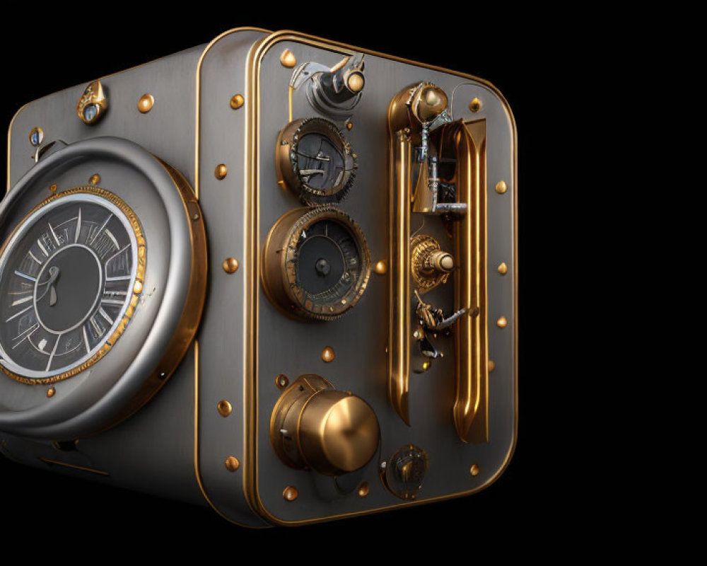 Steampunk-style device with dials, gears, pipes, clock face, and gold accents on