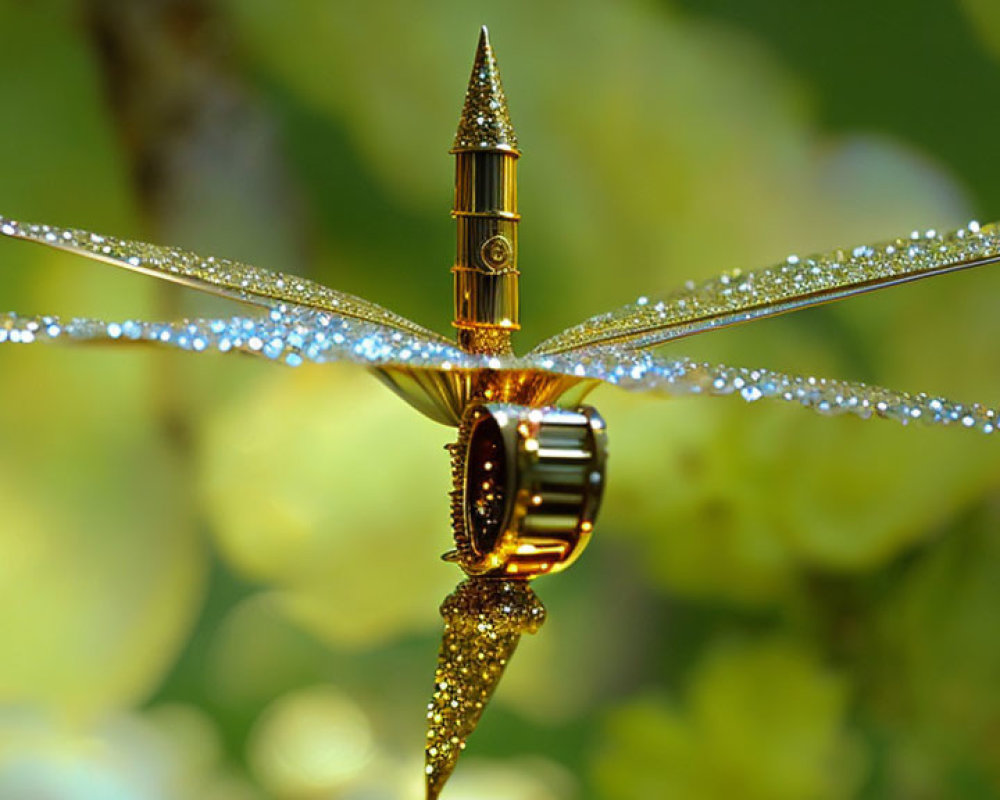 Golden Dragonfly-Inspired Pen with Water Droplets on Glass-like Surface