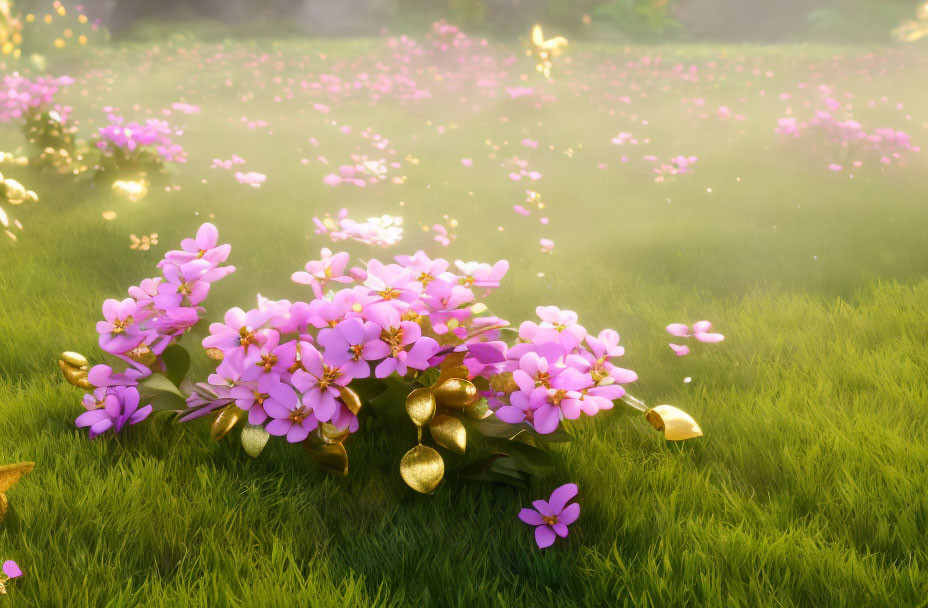 Tranquil meadow: pink flowers, golden butterflies, soft light, misty ambiance