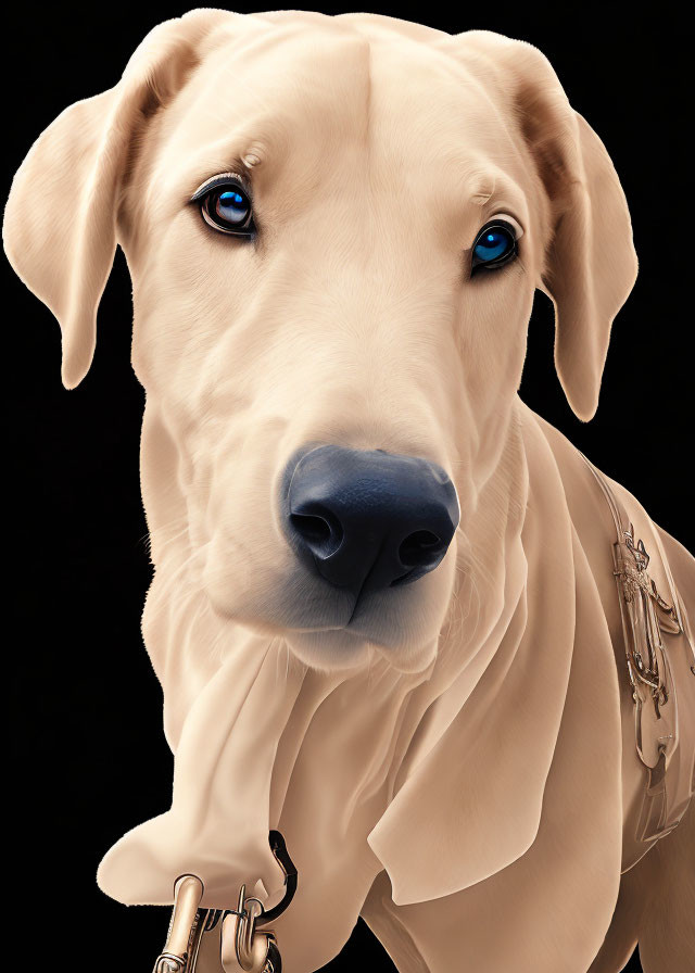 Yellow Labrador with Blue Eyes in Leather Harness