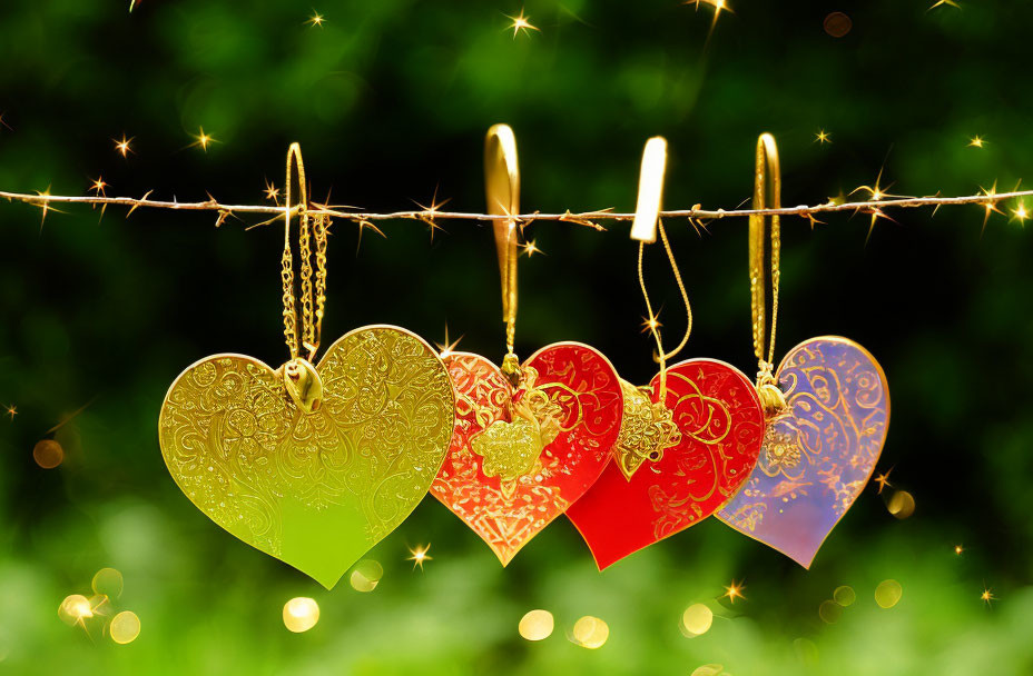 Four ornate heart-shaped pendants on a line with sparkling lights