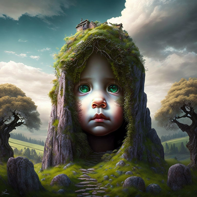 Surreal landscape featuring child's face on rocky hill with house, trees, and fields under cloudy