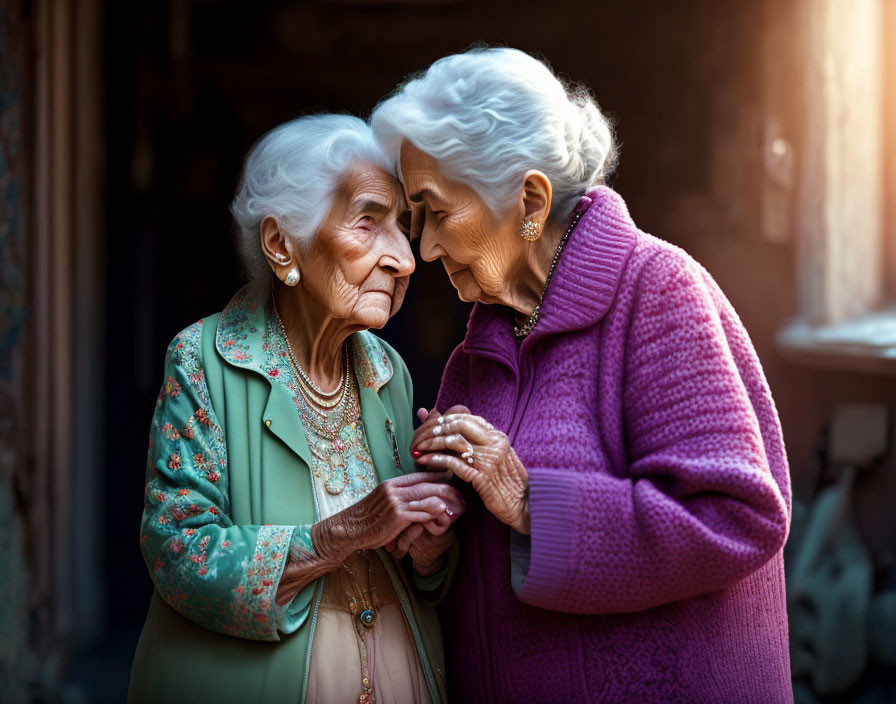 Elderly women in teal and pink jackets embrace with affectionate expressions