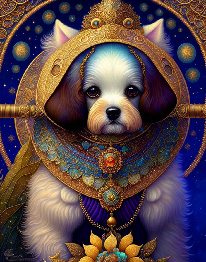 Whimsical dog portrait with human-like eyes and ornate golden headdress