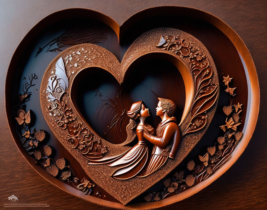 Intricately Carved Wooden Heart with Romantic Couple Scene