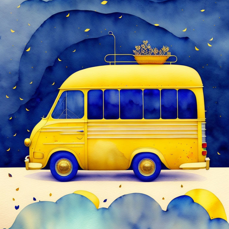 Yellow Vintage Bus with Rooftop Nest on Starry Night Sky