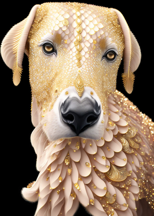 Regal Dog Digital Illustration with Gold and White Scales