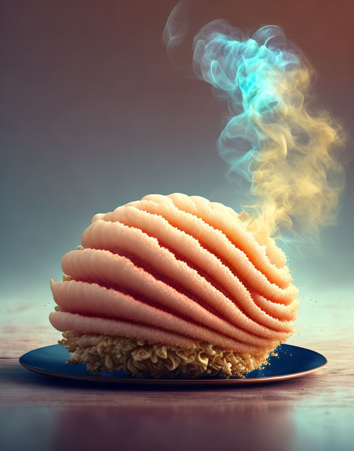 Shell-shaped pasta mound on blue plate with artistic steam in blue and orange hues