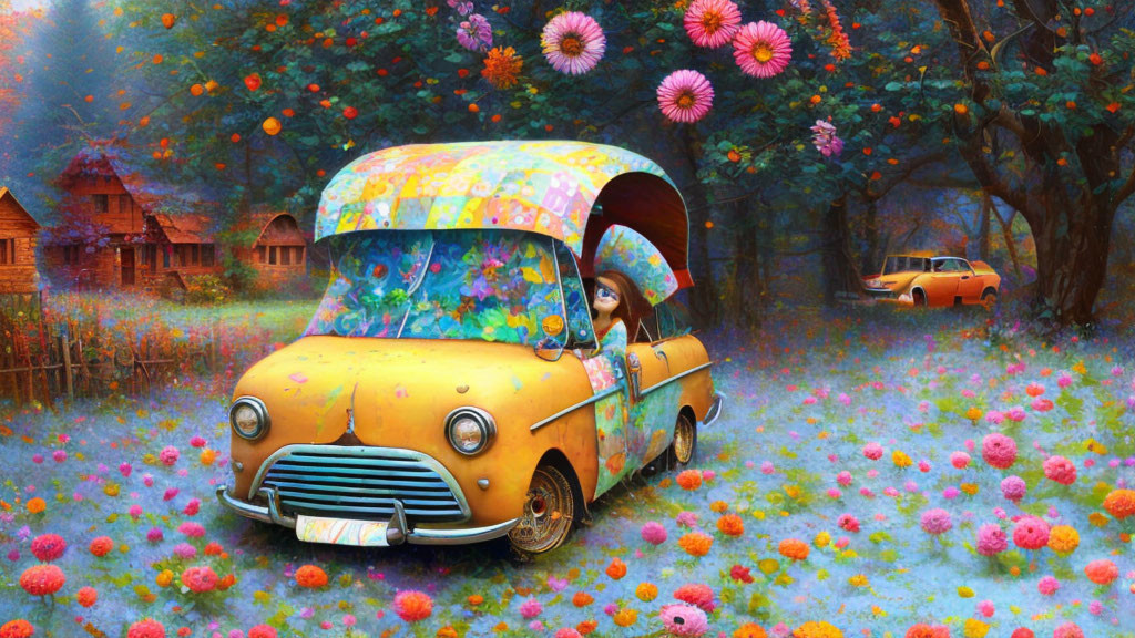 Colorful Artwork: Person in Flower-Covered Car in Magical Forest