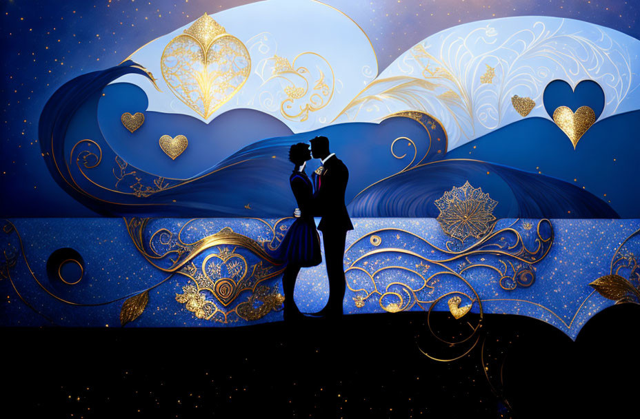 Romantic silhouette of couple against ornate blue and gold backdrop