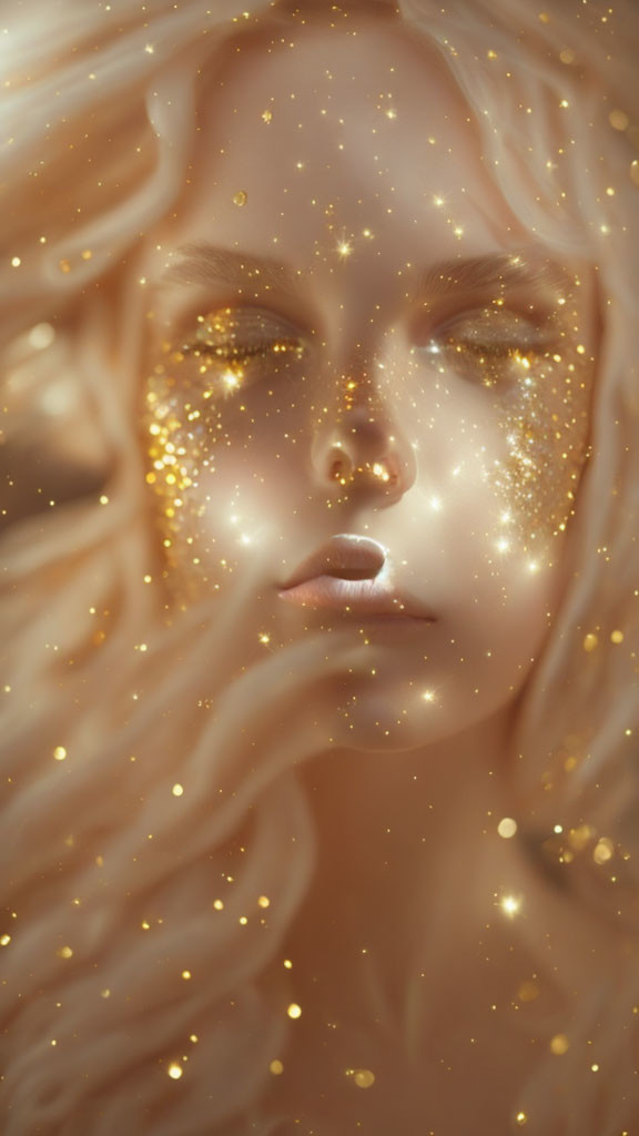 Person with Golden Glitter Markings and Flowing Light Hair