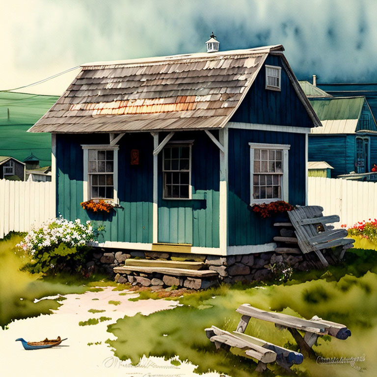 Blue Cottage with Rusted Metal Roof and Flower Boxes in Green Landscape