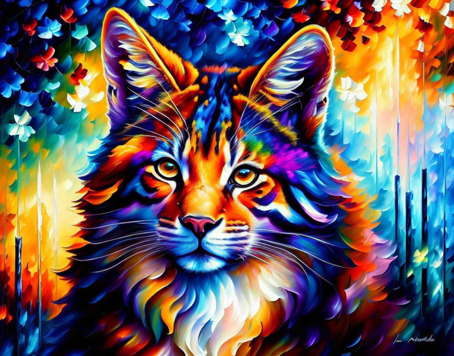 Colorful Cat Painting with Kaleidoscopic Hues in Blues, Oranges, and Purp