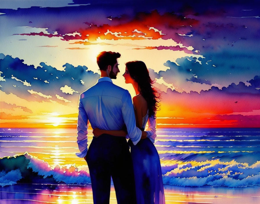 Embracing couple watching vibrant ocean sunset