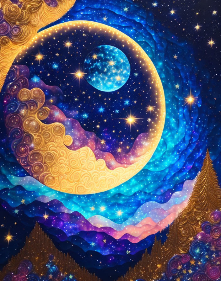 Colorful Cosmic Painting with Moon, Stars, and Trees