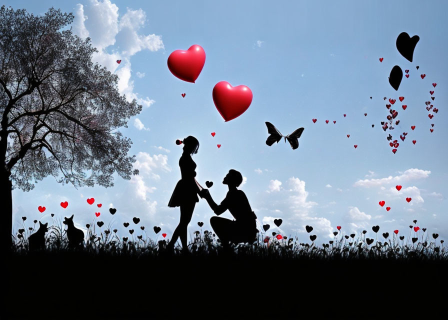 Silhouetted couple with heart-shaped balloons in field under blue sky