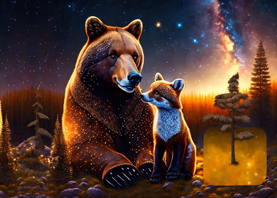 Bear and Fox in Magical Forest Night with Starry Sky & Lantern Glow