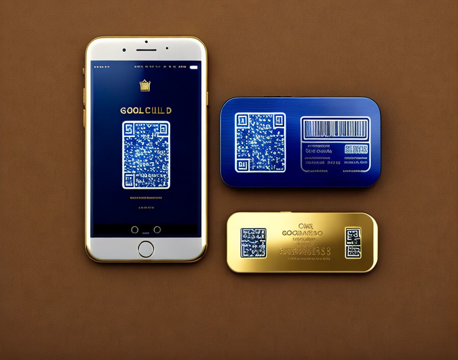 Smartphone with QR code, gold cards with embossed details on textured brown background