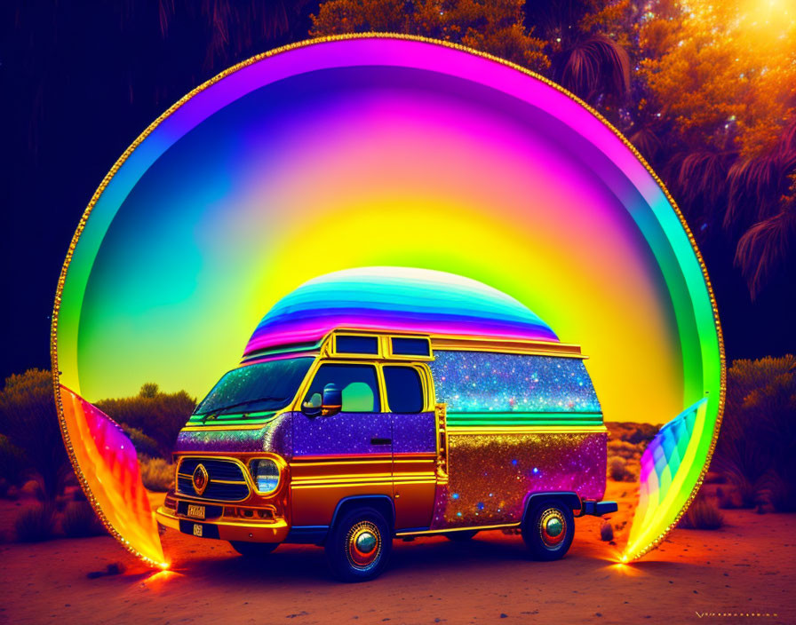 Colorful psychedelic van under neon rainbow in desert night sky