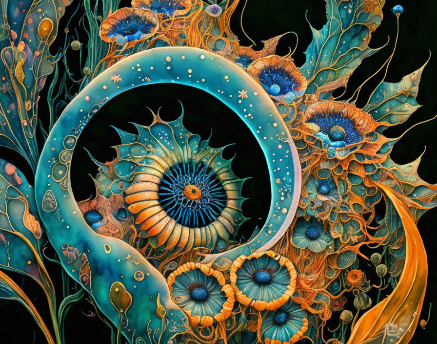 Colorful Blue and Orange Swirl Artwork with Intricate Patterns and Textures