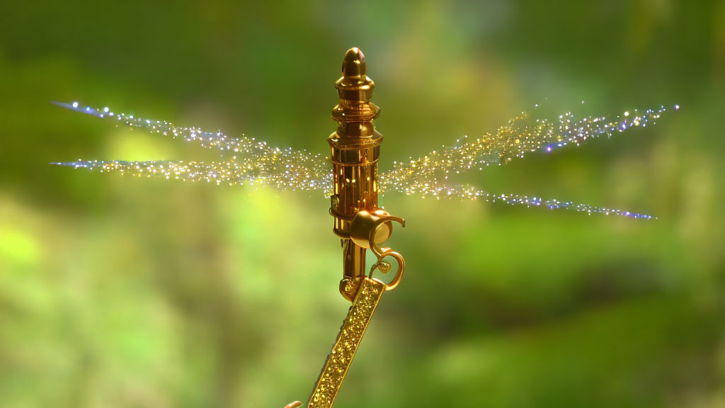 Golden ornate wand with sparkling trail on green background