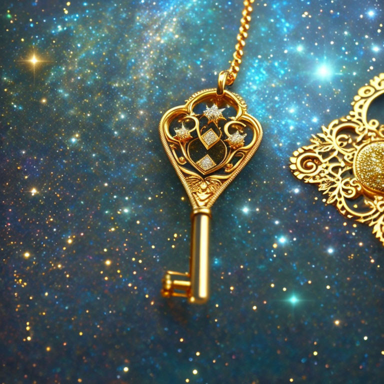 Golden key with heart-shaped designs on cosmic background symbolizing love and mystery.