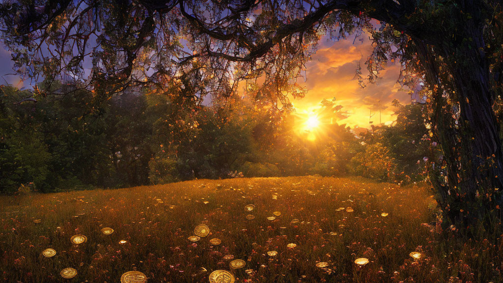 Tranquil sunset with golden hues over field and tree branches