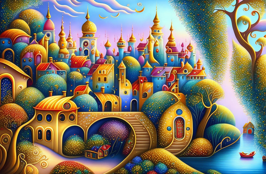 Whimsical painting: Colorful town, starry sky, river boat