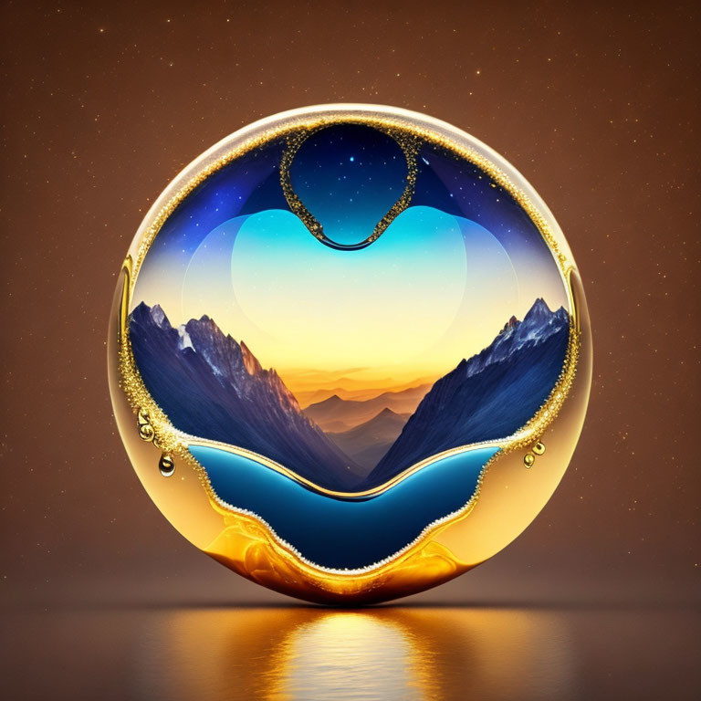 Surreal golden circular frame with mountainous landscape on cosmic backdrop