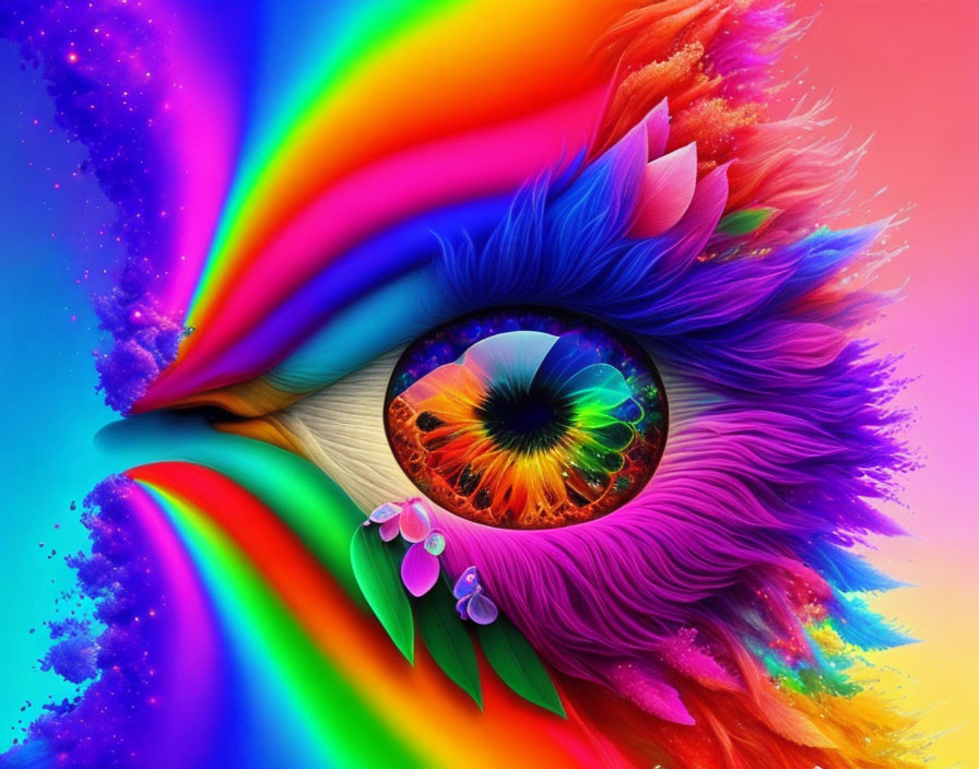 Colorful Digital Artwork: Eye with Rainbow Feathers and Petals