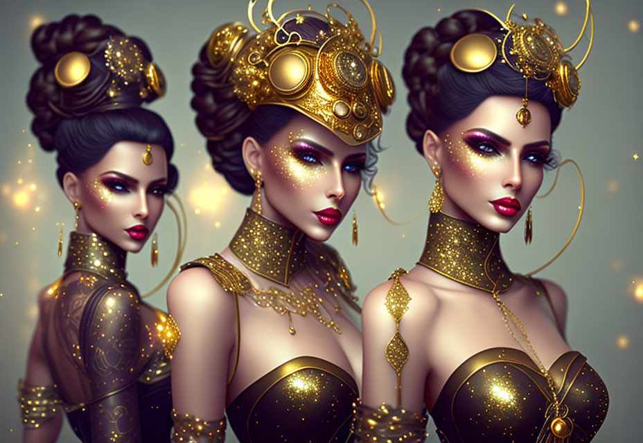 Illustrated women with golden headpieces and body art in elegant poses