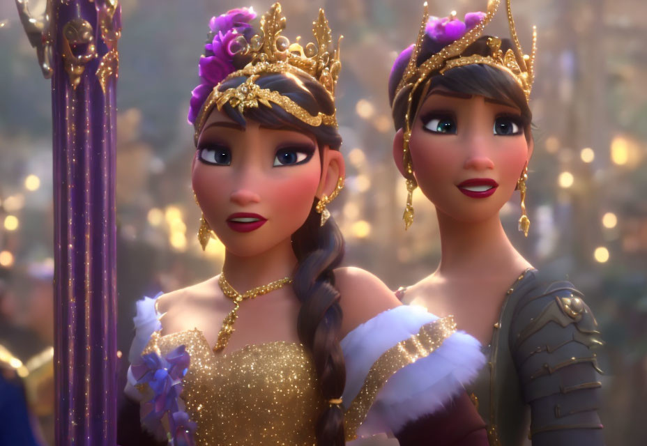 Animated princess characters with tiaras in gold dress and armor against bokeh lights.