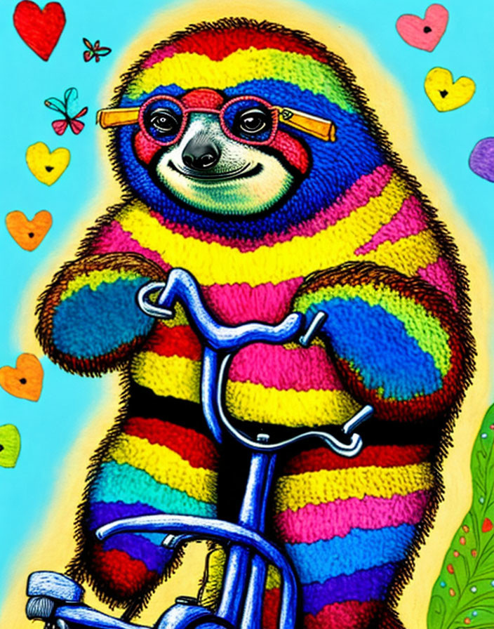 Colorful Smiling Sloth in Red Glasses on Blue Scooter Illustration