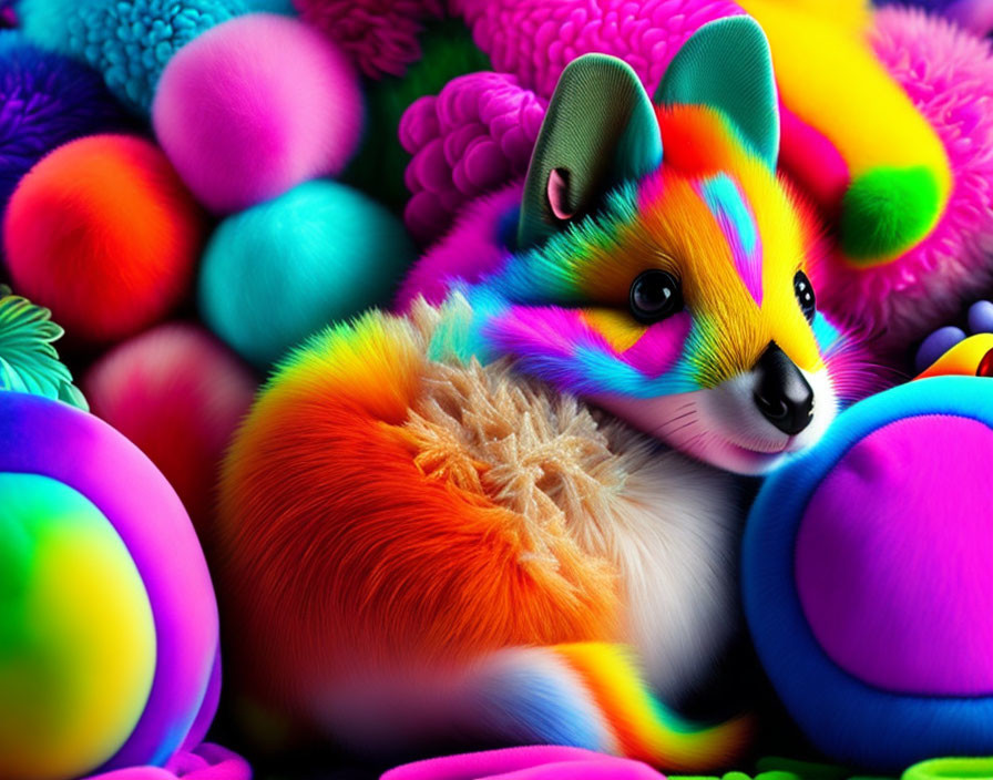 Vibrant digital artwork: colorful fox in soft, fluffy surroundings